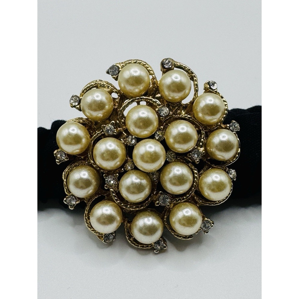 Vintage Faux Pearl Rhinestone Brooch Pin Gold Tone Cluster Statement
